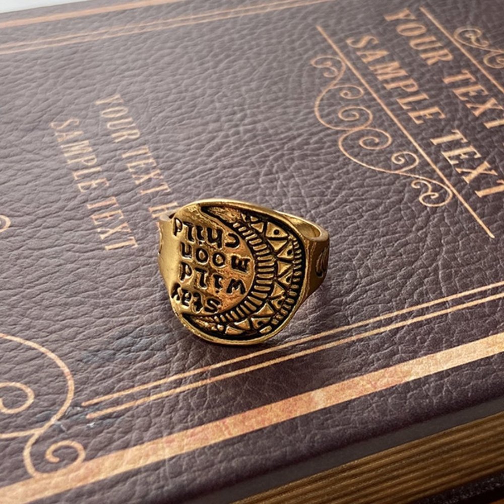 Stay Wild Moon Child Stamped Aged Gold Celestial Boho Hippie Ring NEW